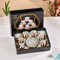 Nouveau Design Ensemble de Tasses à Thé et Soucoupes en Céramique en Relief, Coffret Cadeau 6 Pièces, Ensemble de Tasses à Café Arabes de Luxe Plaqué Or