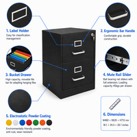 Archivador Metálico Negro Moderno de 2 Cajones, Gabinete de Almacenamiento de Acero con Cerradura para Documentos, Archivador Vertical