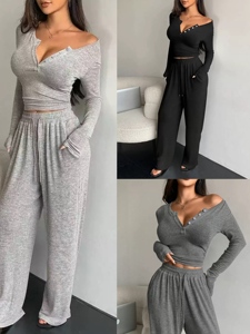 V Neck Buttons Lounge Set Soft Breathable Long Sleeve Sleep Daily <strong>Wear</strong> <strong>Comfortable</strong> Loose Fit Solid Color Spring Sleepwear - Product Image 3