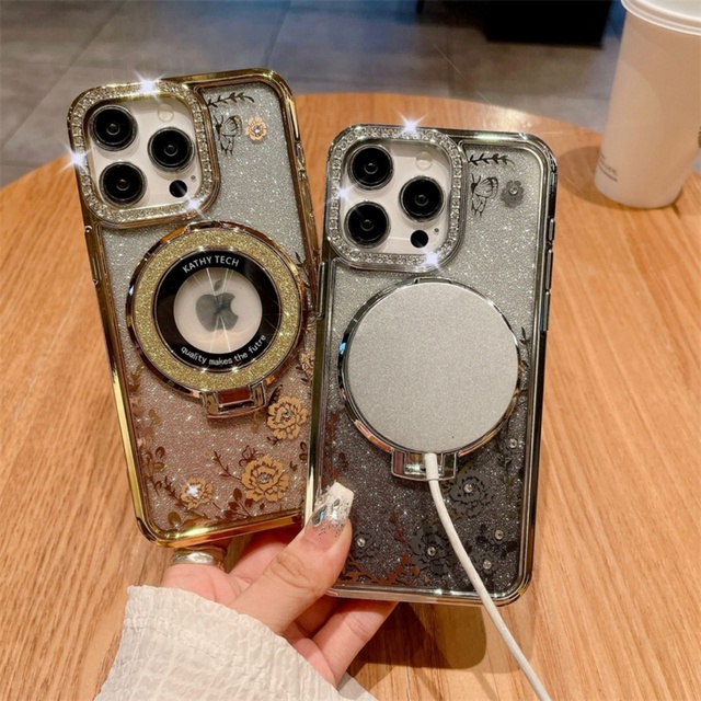 New Luxury for iPhone 16 15 14 13 12 Pro Max Phone Case with Diamond Camera Lens Flower Pattern Magnetic Glitter Ring Kickstand