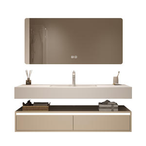 Meuble de salle de bain moderne blanc crème imperméable avec lavabo en céramique monobloc - Product Image 6
