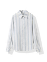 Chemisier décontracté pour femme en coton 100% teint en fil à rayures verticales, bleu pâle et blanc, col à revers, boutonnage, manches longues
