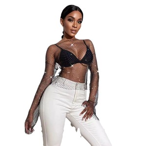 Moda mujer desgaste cuello redondo manga larga <span class=keywords><strong>Camiseta</strong></span> Top mujer Sexy diamantes <span class=keywords><strong>de</strong></span> imitación Fishnet blusa interior camisa <span class=keywords><strong>de</strong></span> fondo verano - Product Image 5