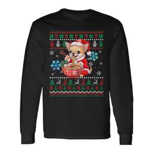 Santa Chihuahua mangeant du ramen, pull de Noël, t-shirt à manches longues sur le thème de la nourriture japonaise - Product Image 1