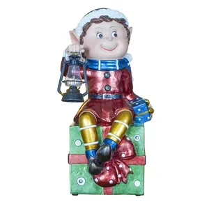 Atacado LED polyresin Musical elf com metal lanterna figurines ornamento para decoração de Natal 2024