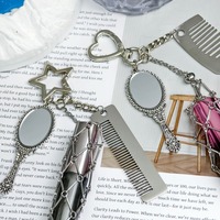 Chaînes de sac à rouge à lèvres en maille d'acier inoxydable pour femmes, porte-clés mignon et exquis, mini miroir, design étoile et cœur, sac à maquillage, porte-clés