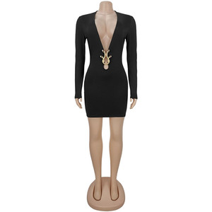 Abito Corto Aderente con Scollo a V Profondo e Dettaglio Fibbia Metallica, Maniche Lunghe, Sexy, per Donna, <span class=keywords><strong>Nero</strong></span>, per Serate in Discoteca e Compleanni - Product Image 4