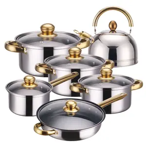 Gran oferta antiadherente 12 piezas de acero inoxidable juego de utensilios de cocina dorados juegos de ollas y sartenes