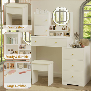 Cô gái phòng ngủ trang điểm Vanity bảng thiết lập 5 ngăn kéo lưu trữ ổ cắm điện ghế ánh sáng với điều chỉnh độ sáng - Product Image 4