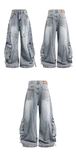 Vintage High Street 3D Multi-Pocket Stitched Detail <strong>Super</strong> Wide-Leg Loose Straight Denim Jeans - Product Image 4