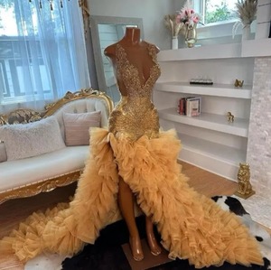 Abiti da ballo lunghi personalizzati strass oro sirena 2025 ragazze nere con perline increspate da sera africano abito di laurea di Gala - Product Image 3
