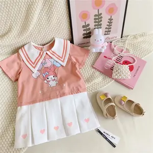 Sommer Mädchen Baby Orange Rosa Melodie Kragenumlaufkleid Kinder Patchwork-Rock süßer Liebesfilm Puppenkleid