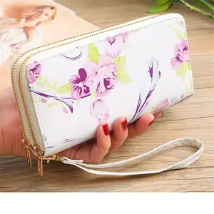 Dompet wanita, dompet perempuan motif mawar, tas tangan, tas Clutch ritsleting ganda, tas wanita banyak kartu