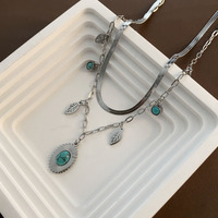 HOVANCI Accessoires en acier inoxydable Style océan Déclaration Double couche Turquoise Incrustation Feuille Pendentif Collier Chinois Magasin en vrac