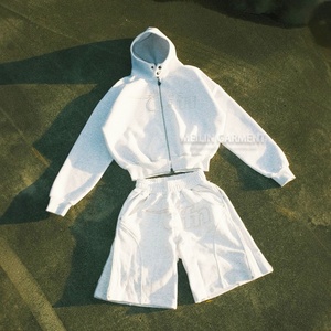 Custom <b>Mens</b> Zip up Hoodies Tracksuit Set Embroidery <b>Patch</b> logo Gray Sweat Suit Two Piece Set Unisex Hoodies and <b>Shorts</b> Set <b>Mens</b> - Product Image 1