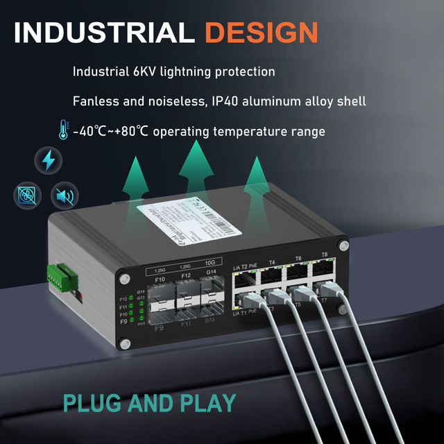 Industrial L2+ Managed Ethernet Switch 8-Port Gigabit RJ45 4-Port 1G SFP 2-Port 10G SFP+ with DIN Rail 10/100/1000Mbps QoS