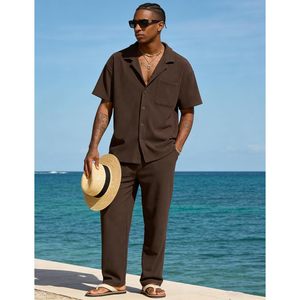 Ensemble 2 pièces d'été pour homme FOXA : Chemise rayée à manches courtes boutonnée et pantalon ample respirant en maille – Tenue décontractée pour la marche - Product Image 3