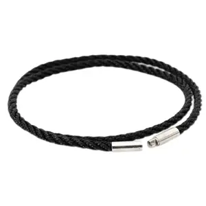 3mm Black Leather Cord Necklace with Customizable Stainless Steel/Black Clasp Men Women Woven Wax Rope Chain for Pendant