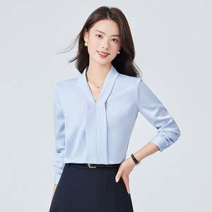 Women's Long Sleeve V Neck Shirt Solid Color Chiffon Top Work Blouse 2024 Autumn Elegant Office Wear - Product Image 4