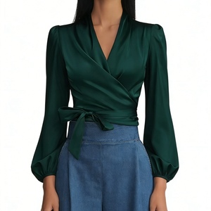 เสื้อคลุมผ้าซาตินสำหรับผู้หญิง - เสื้อเชิ้ตแฟชั่นคอวีผูกเอวแขนยาว - Product Image 2