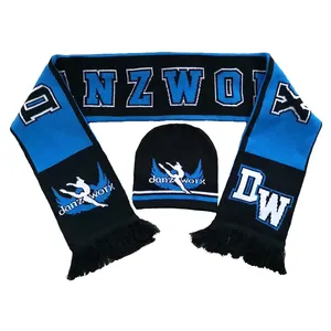 Promotional Customized Winter Acrylic Football Knitting Fan Scarf Cheering Hat Set