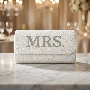 Elegant <b>White</b> Genuine <b>Leather</b> <b>Clutch</b> With MRS Letter Embroidery For Wedding Evening Use - Product Image 3