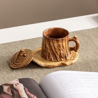 XUANHUI Tasse à café en céramique de style rustique rétro avec poignée, couleur unie, couvercle inclus, idéale pour les cadeaux d'affaires/souvenirs avec logo