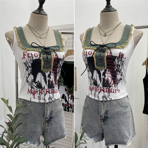 Top Corto sin Mangas con Cordones y Lazo, Estilo Retro, con Estampado y Mezcla de Mezclilla con Bordes Deshilachados para <span class=keywords><strong>Mujer</strong></span> - Product Image 3