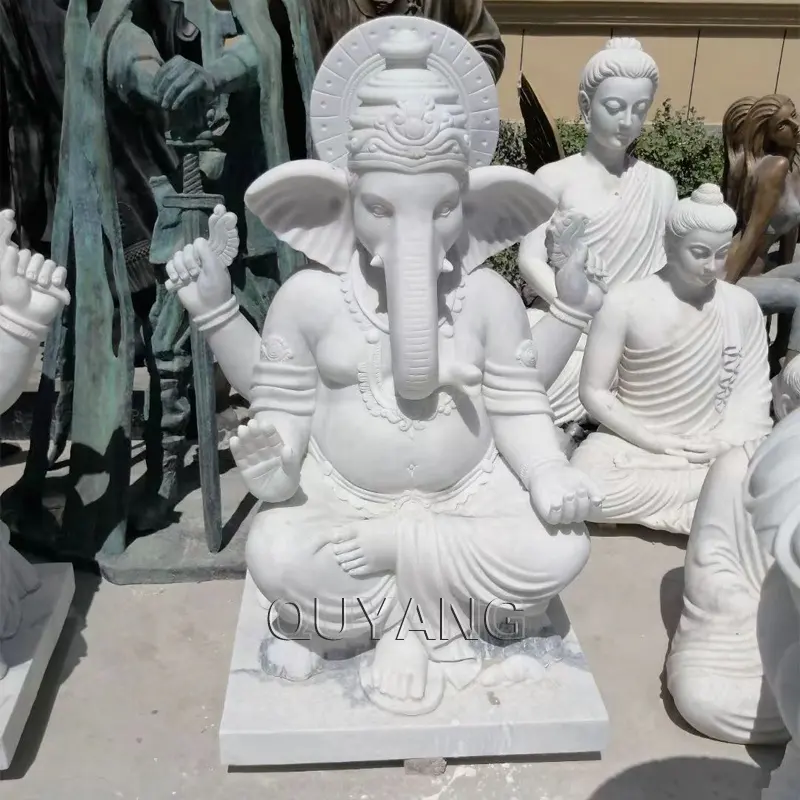 Quyang Outdoor Natuursteen Carving Olifant Hoofd Boeddhabeeld Religieuze Wit Marmer Hindoe Lord Ganesha Sculptuur