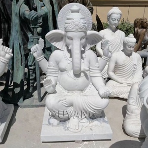 QUYANG Outdoor Natural <span class=keywords><strong>Stone</strong></span> Carving testa di elefante statua di Buddha religioso marmo bianco Hindu Lord Ganesha scultura - Product Image 1