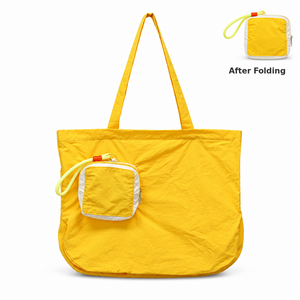 Sac de courses pliable en nylon jaune avec logo personnalisé, pochette zippée, léger, réutilisable, grande capacité, vente en gros d'usine - Product Image 1