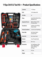 Ensemble d'outils électriques pour perceuse à batterie de 115 pièces avec étui rigide en acier à haute teneur en carbone pour la réparation à domicile OEM