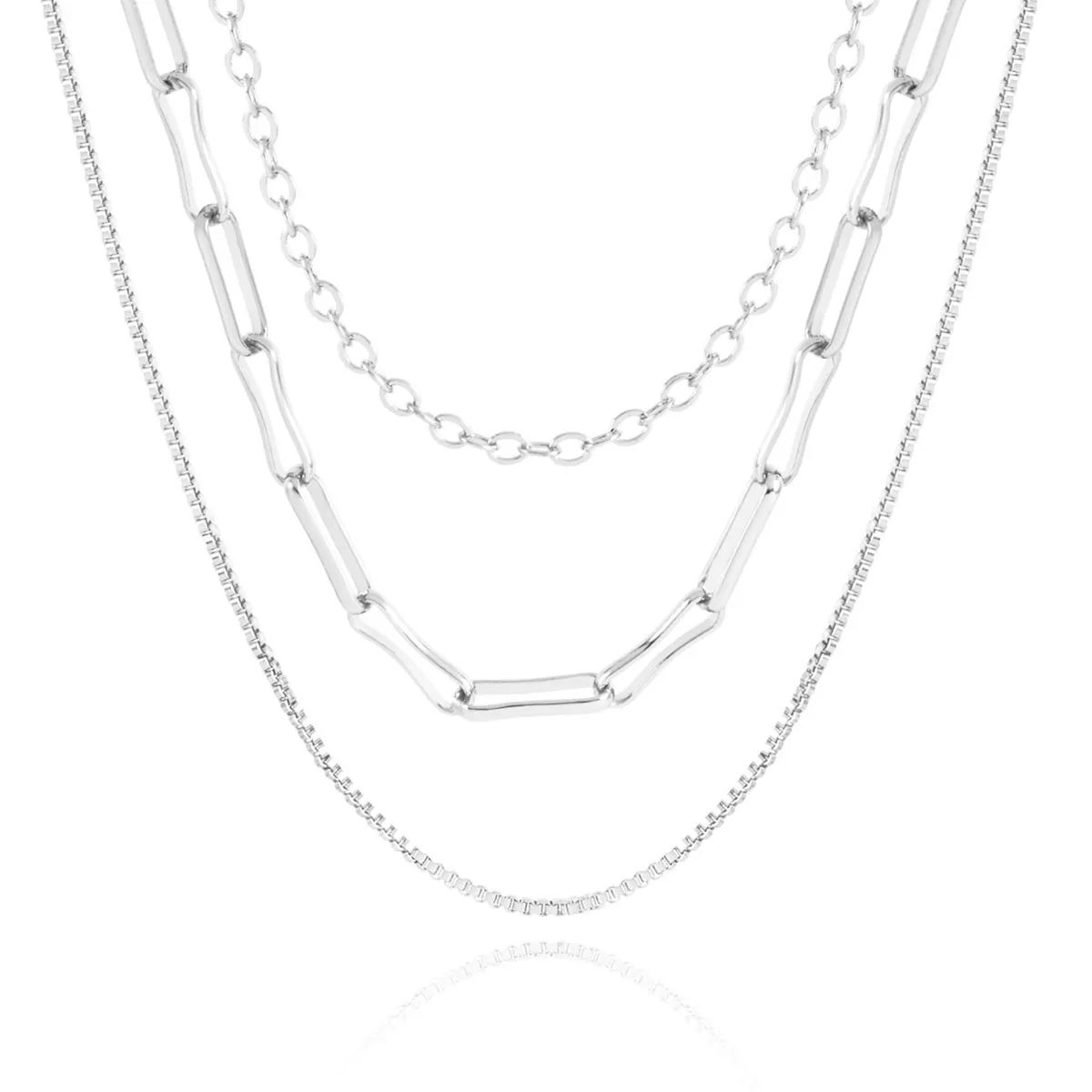 NUORO Triple Layered Silver Color Box Chain Paper Clip Chain Necklace For Women Paperclip Layered Necklaces