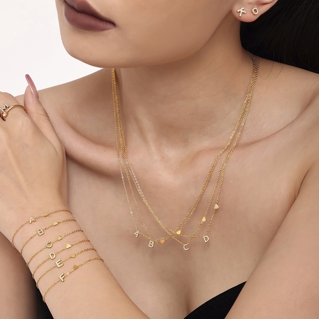 Fashion Jewelry 18K Gold Stainless Steel Zircon Small 26 English Letter Necklace Bracelet Earrings Rings Jewelry Sets for Women