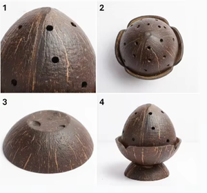 Brûleur d'encens rond artisanal en coquille de noix de coco gravée, art populaire, 10 cm de hauteur, décoration de table pour la maison - Product Image 4