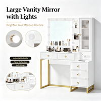 Coiffeuse blanche multifonctionnelle avec miroir éclairé, cadre doré, tiroirs, meuble d'appoint et prise intégrée pour chambre à coucher