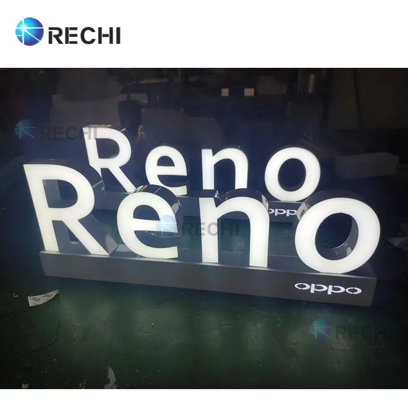 RECHI Countertop विज्ञापन प्रकाश अप चैनल पत्र पर हस्ताक्षर के लिए मोबाइल फोन की दुकान टेबलटॉप प्रबुद्ध ब्रांड लोगो पत्र पर हस्ताक्षर का नेतृत्व किया