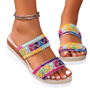 Sandales <span class=keywords><strong>compensées</strong></span> à bout ouvert pour femmes - <span class=keywords><strong>Espadrilles</strong></span> bohèmes brodées à lanières tissées, plateforme antidérapante, semelle en tissu, chaussures décontractées d'été - Product Image 5