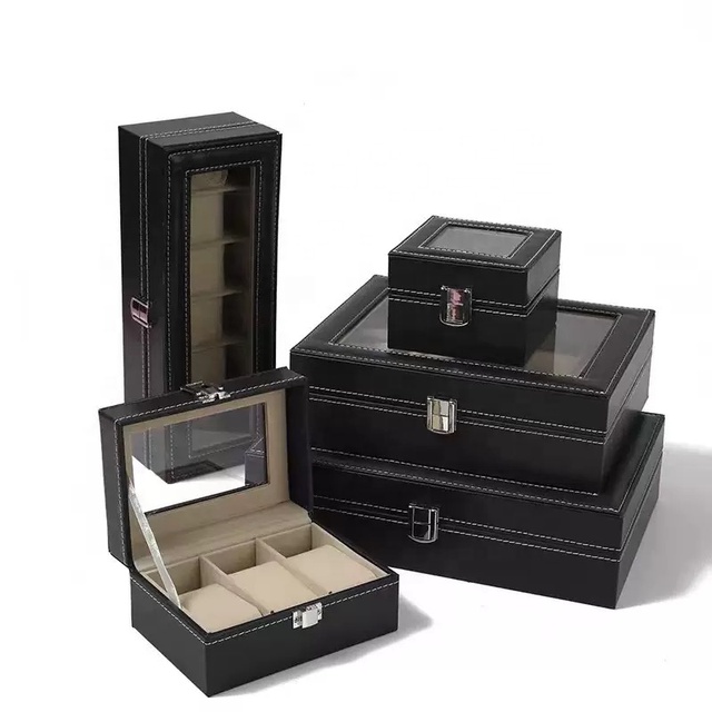 Durable Slot Black PU Leather Watch Storage Case Glass Cover Metal Lock Shock Water Resistant Dustproof Men Watch Display Holder