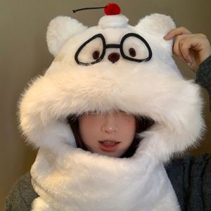 หมวกผ้าพลัฌแบบรวมหูหมีน่ารักฤดูหนาวของผู้หญิงผ้าพันคอหนาอบอุ่นมีหูสำหรับเค้กหมีถุงมือชุดสามชิ้น - Product Image 2