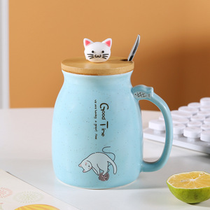 แก้วเซรามิคมีฝาปิดพร้อมช้อน รูปแมวน่ารัก 14 ออนซ์ แก้วกาแฟเซรามิคขายส่ง แก้วเซรามิคลายการ์ตูน - Product Image 4