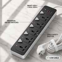 Stop Kontak Universal 5 Lubang Tipe EU, 4 Tingkat, dengan 2 USB-A, 1 USB-C, Kabel 1.8m, Proteksi Beban Berlebih, Material Kuningan dan ABS