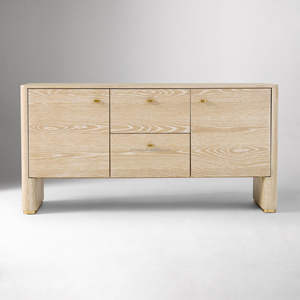 MYHOME 2025 Buffet Buffet Vitrine Moderne à 4 Portes en Chêne Massif de Style Français avec Finition Blanche Cerused pour Salle à Manger à la Maison - Product Image 1