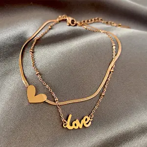 2022 Double Layered Feet Tarnish Free Schmuck Summer Beach Fußkettchen Heart Drop Liebesbrief Edelstahl Fußkettchen