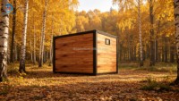 Maison préfabriquée en conteneur à effet bois avec grande fenêtre vitrée, cabane modulaire portable pour maison d'hôtes forestière, villa de camping