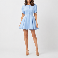 Fabrication de vêtements OEM, robe pour femmes, bleu clair, manches bouffantes, boutons sur le devant, taille cintrée, robe de soirée style A