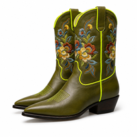 Bottes de cowgirl à bout pointu brodées de fleurs vert olive, style western, pour femmes, vente en gros