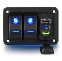 Panneau d'interrupteurs 2 voies avec chargeur USB et PD Type C, voltmètre pour voitures, camions, bateaux, camping-cars, LED bleue