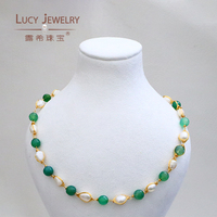 Collier pour femme Lucy Jewelry, vente flash, perles d'eau douce baroques naturelles faites à la main, onyx vert, perles en or 14 carats, qualité AAAAA