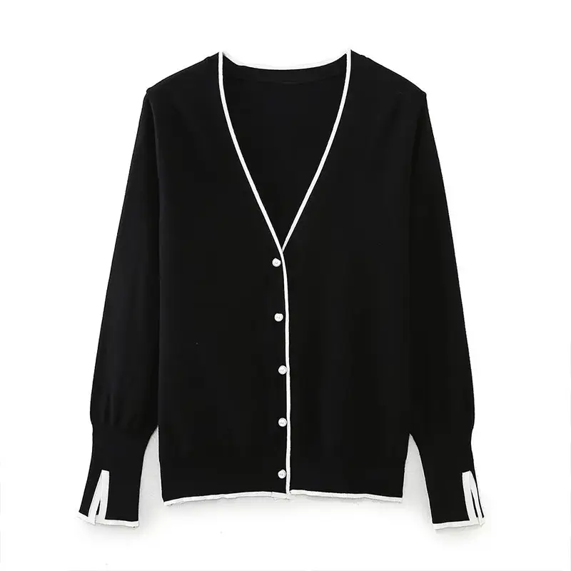 ZATRHMBM autumn and winter women's clothing 2023 new round neck long-sleeved V-neck pearl button short pearl cardigan black